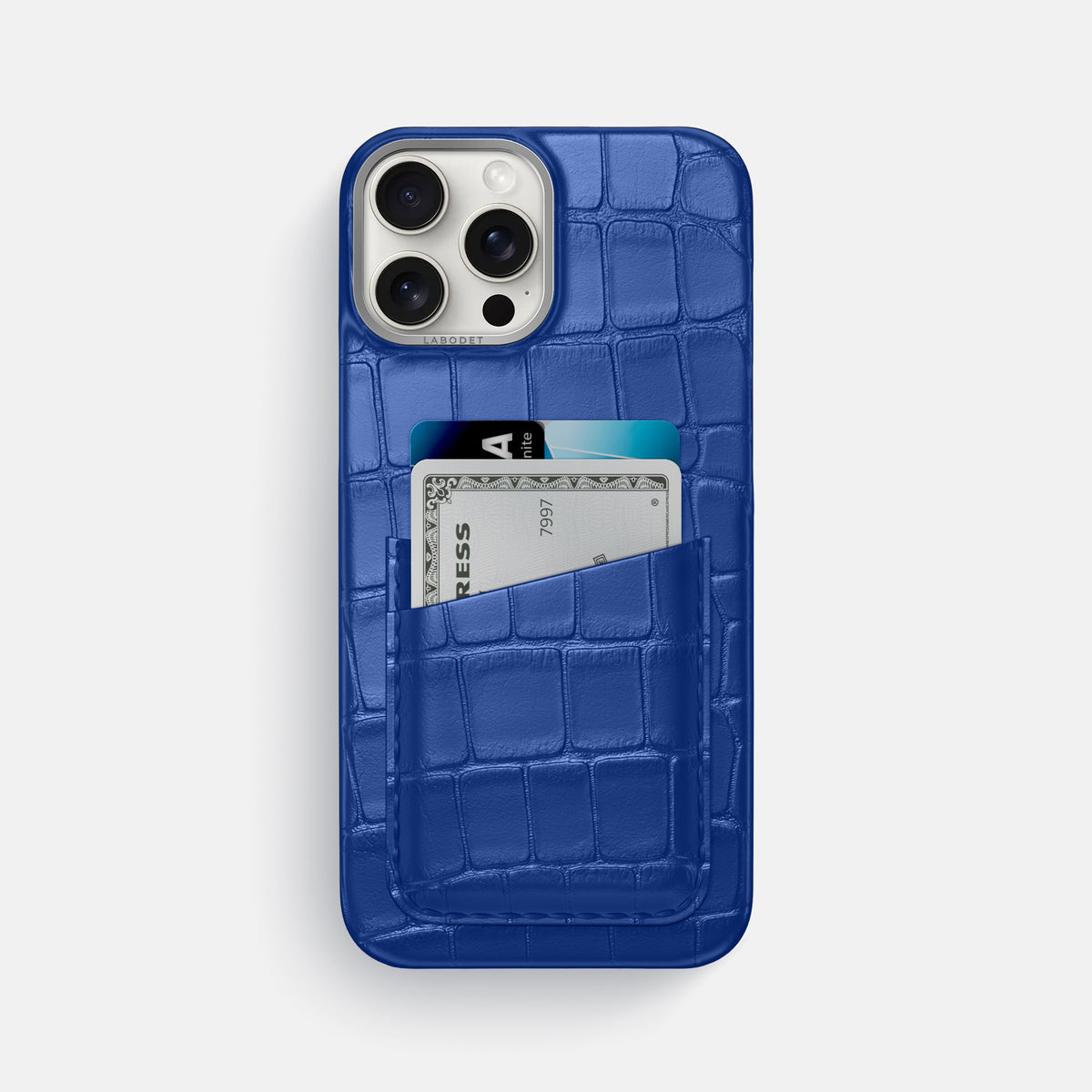 Royal Blue iPhone 16 Pro Max Card Case Alligator with Steel Metal -1 | Royal-Blue-Steel