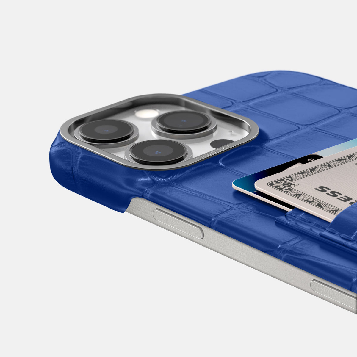 Royal Blue iPhone 16 Pro Max Card Case Alligator with Steel Metal -5 | Royal-Blue-Steel
