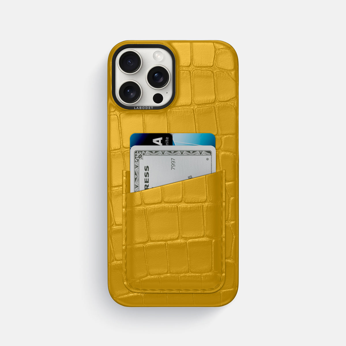 Yellow iPhone 16 Pro Max Card Case Alligator with Black Metal -1 | Yellow-Black