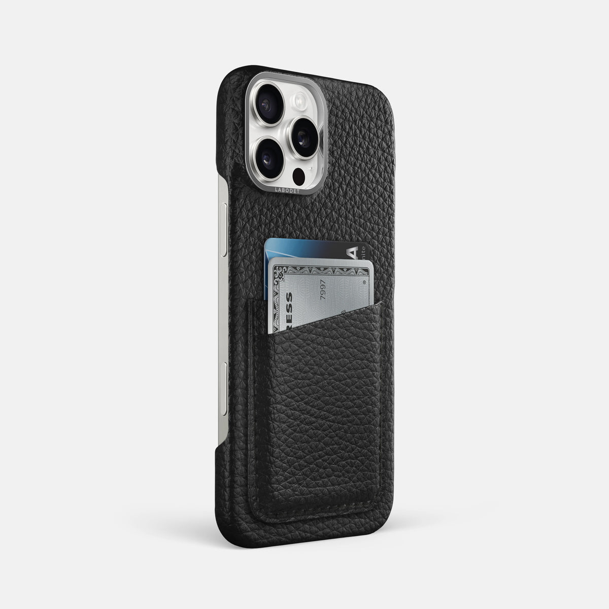 Black iPhone 16 Pro Max Card Case Calf with Steel Metal -2 | Black-Steel