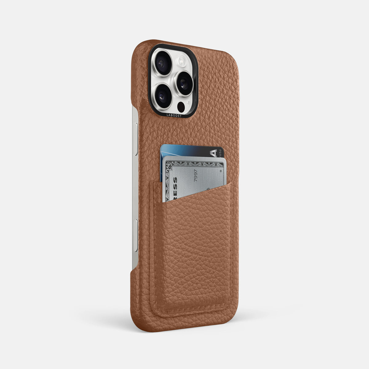 Caramel iPhone 16 Pro Max Card Case Calf with Black Metal -2 | Caramel-Black