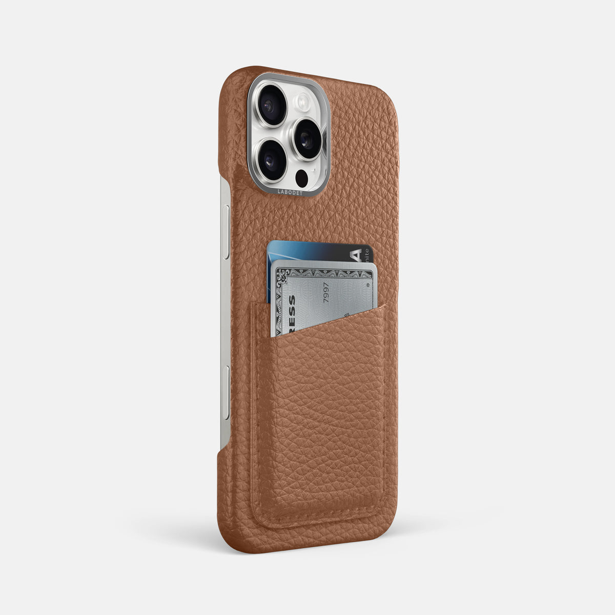 Caramel iPhone 16 Pro Max Card Case Calf with Steel Metal -2 | Caramel-Steel