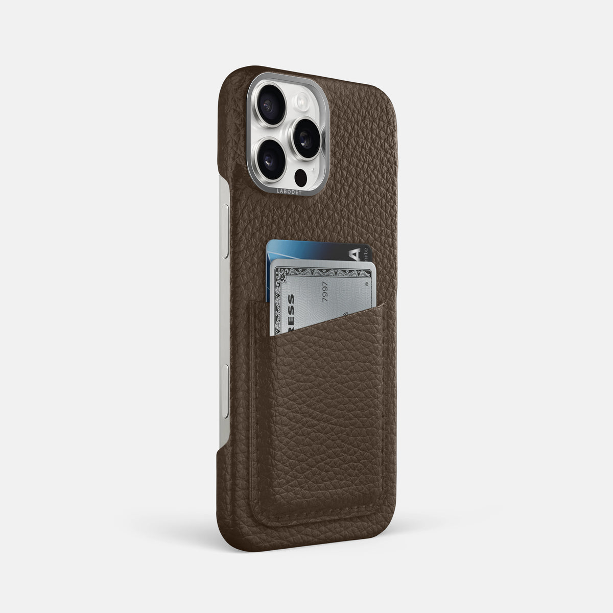 Dark Brown iPhone 16 Pro Max Card Case Calf with Steel Metal -2 | Dark-Brown-Steel