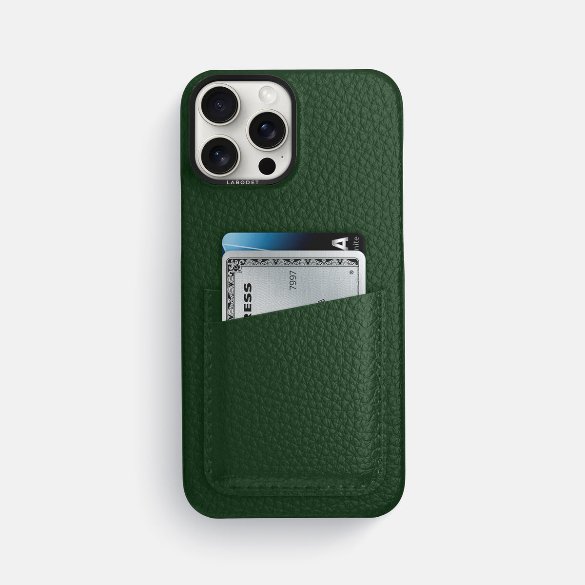 Dark Green iPhone 16 Pro Max Card Case Calf with Black Metal -1 | Dark-Green-Black
