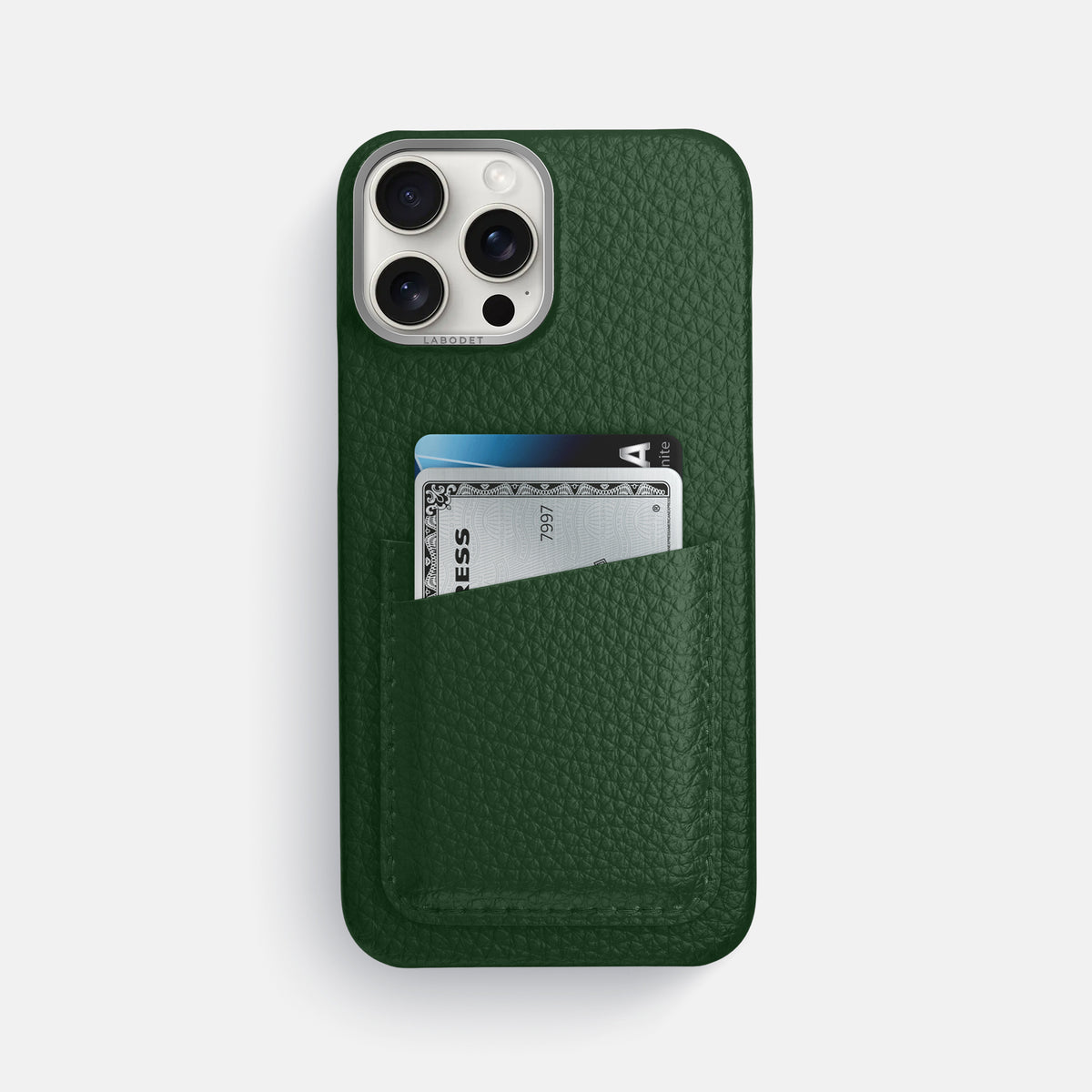 Dark Green iPhone 16 Pro Max Card Case Calf with Steel Metal -1 | Dark-Green-Steel