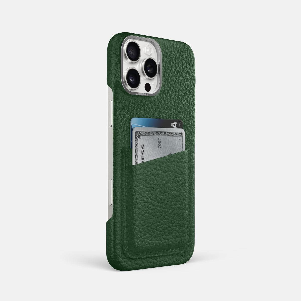 Dark Green iPhone 16 Pro Max Card Case Calf with Steel Metal -2 | Dark-Green-Steel