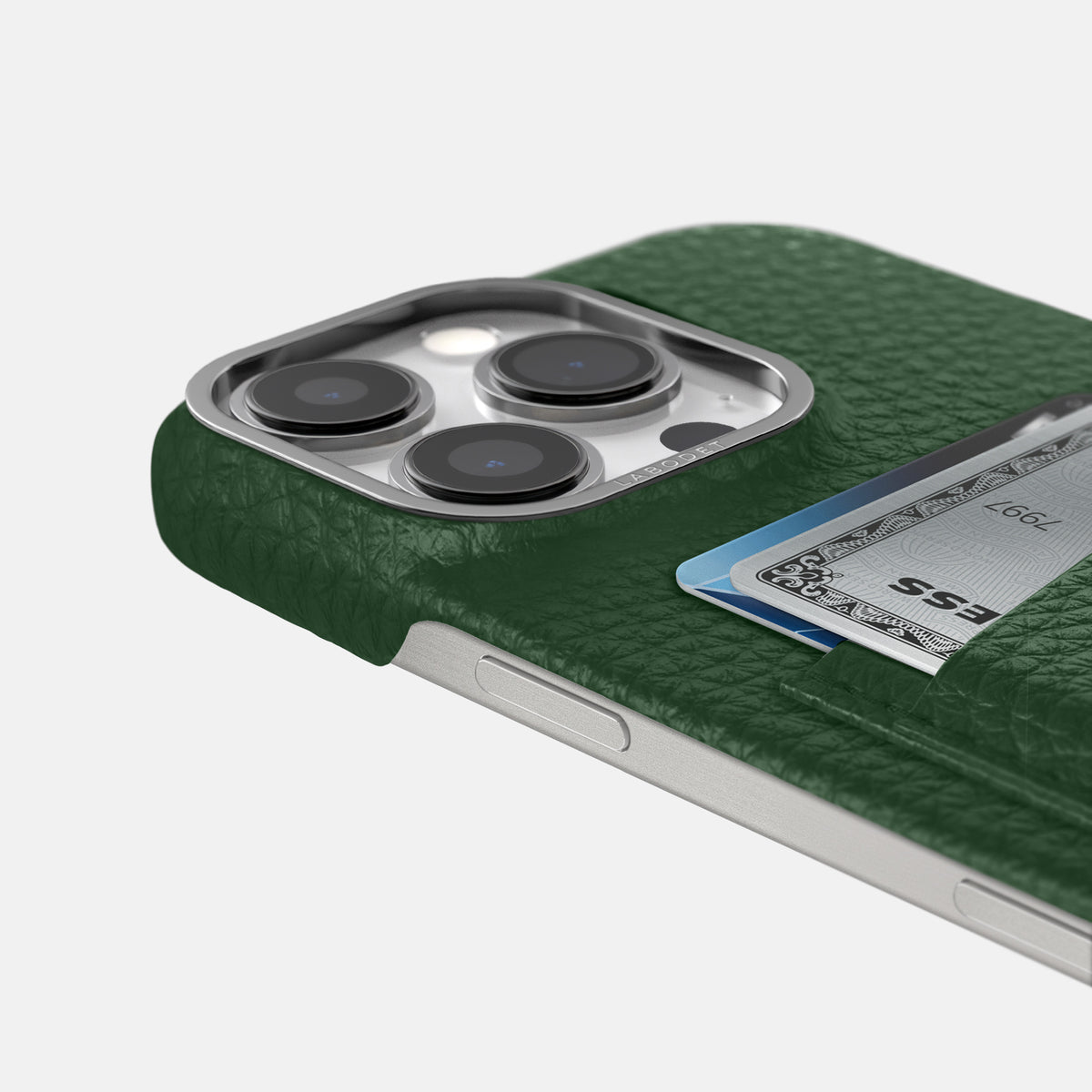 Dark Green iPhone 16 Pro Max Card Case Calf with Steel Metal -5 | Dark-Green-Steel