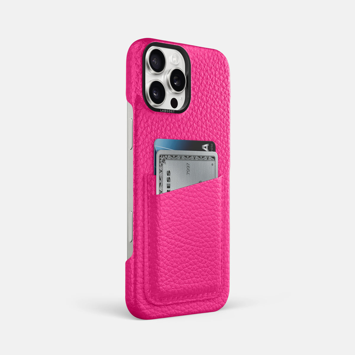 Magenta iPhone 16 Pro Max Card Case Calf with Black Metal -2 | Magenta-Black
