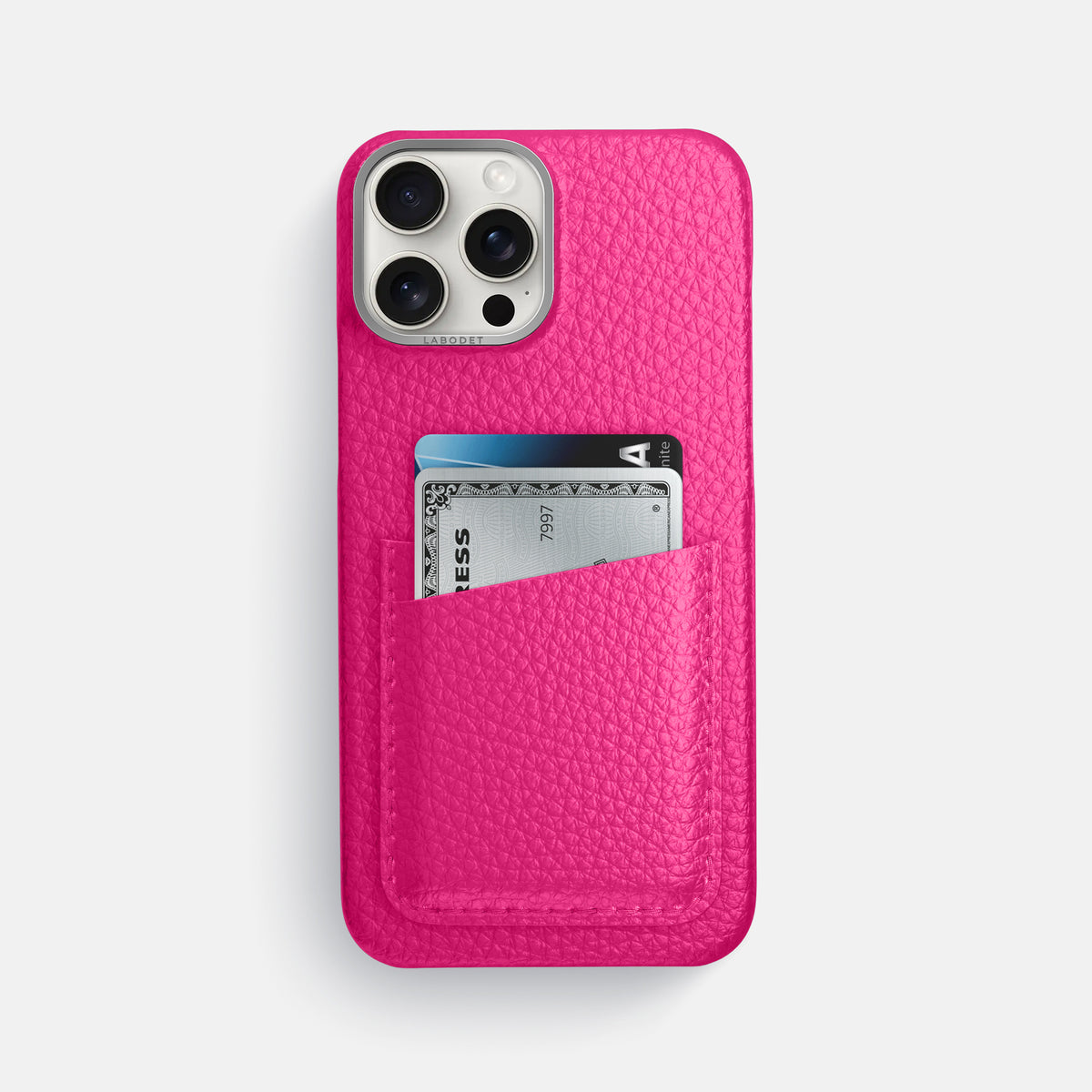 Magenta iPhone 16 Pro Max Card Case Calf with Steel Metal -1 | Magenta-Steel