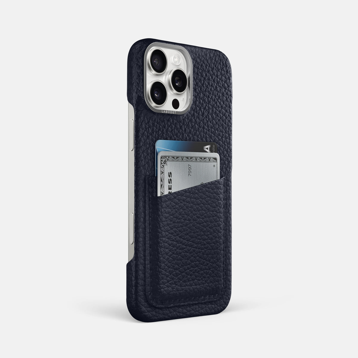 Marine iPhone 16 Pro Max Card Case Calf with Steel Metal -2 | Marine-Steel