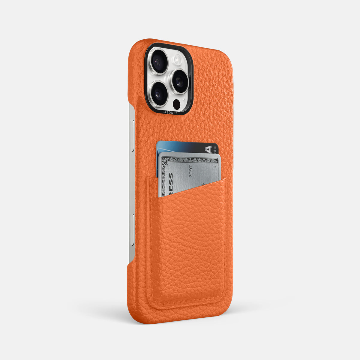 Orange iPhone 16 Pro Max Card Case Calf with Black Metal -2 | Orange-Black