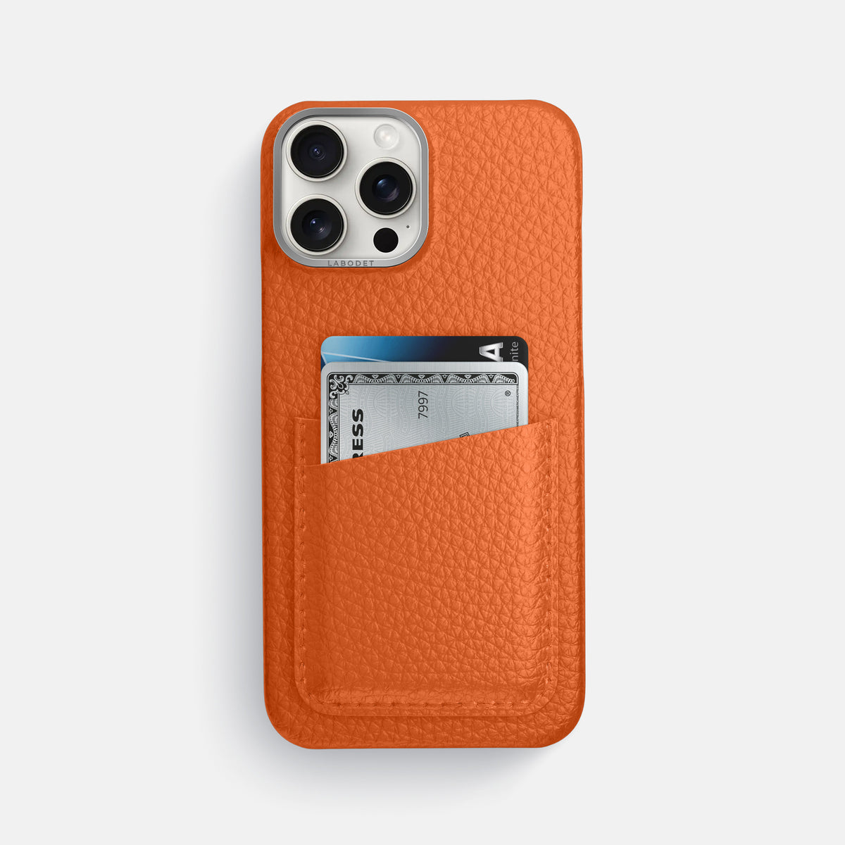 Orange iPhone 16 Pro Max Card Case Calf with Steel Metal -1 | Orange-Steel