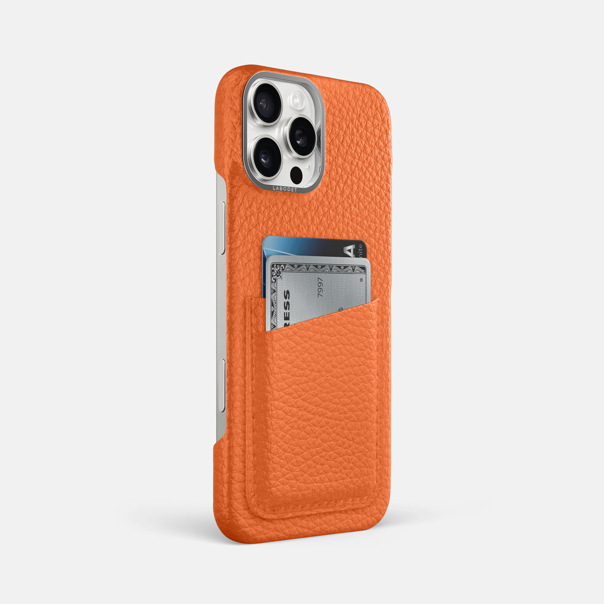 Orange iPhone 16 Pro Max Card Case Calf with Steel Metal -2 | Orange-Steel