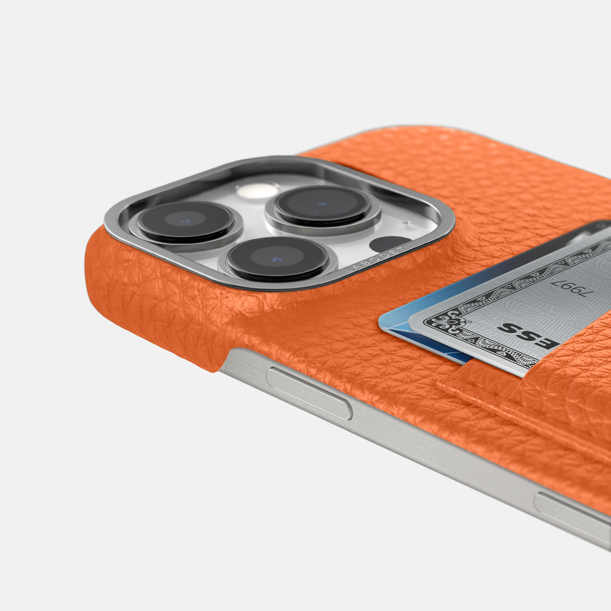Orange iPhone 16 Pro Max Card Case Calf with Steel Metal -5 | Orange-Steel