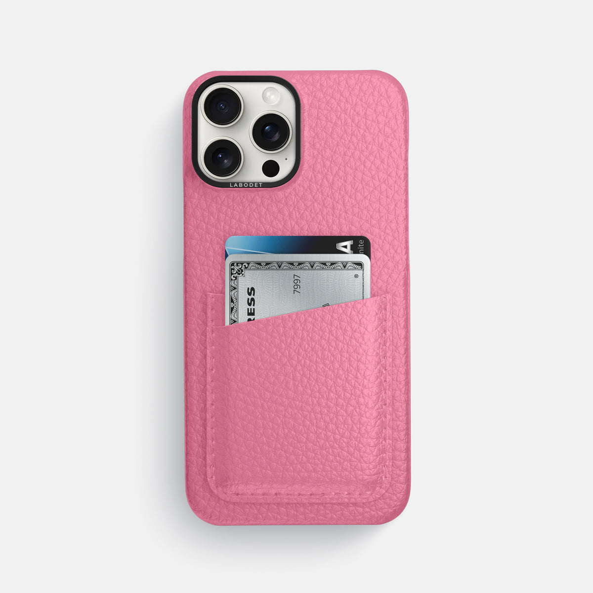 Pink iPhone 16 Pro Max Card Case Calf with Black Metal -1 | Pink-Black