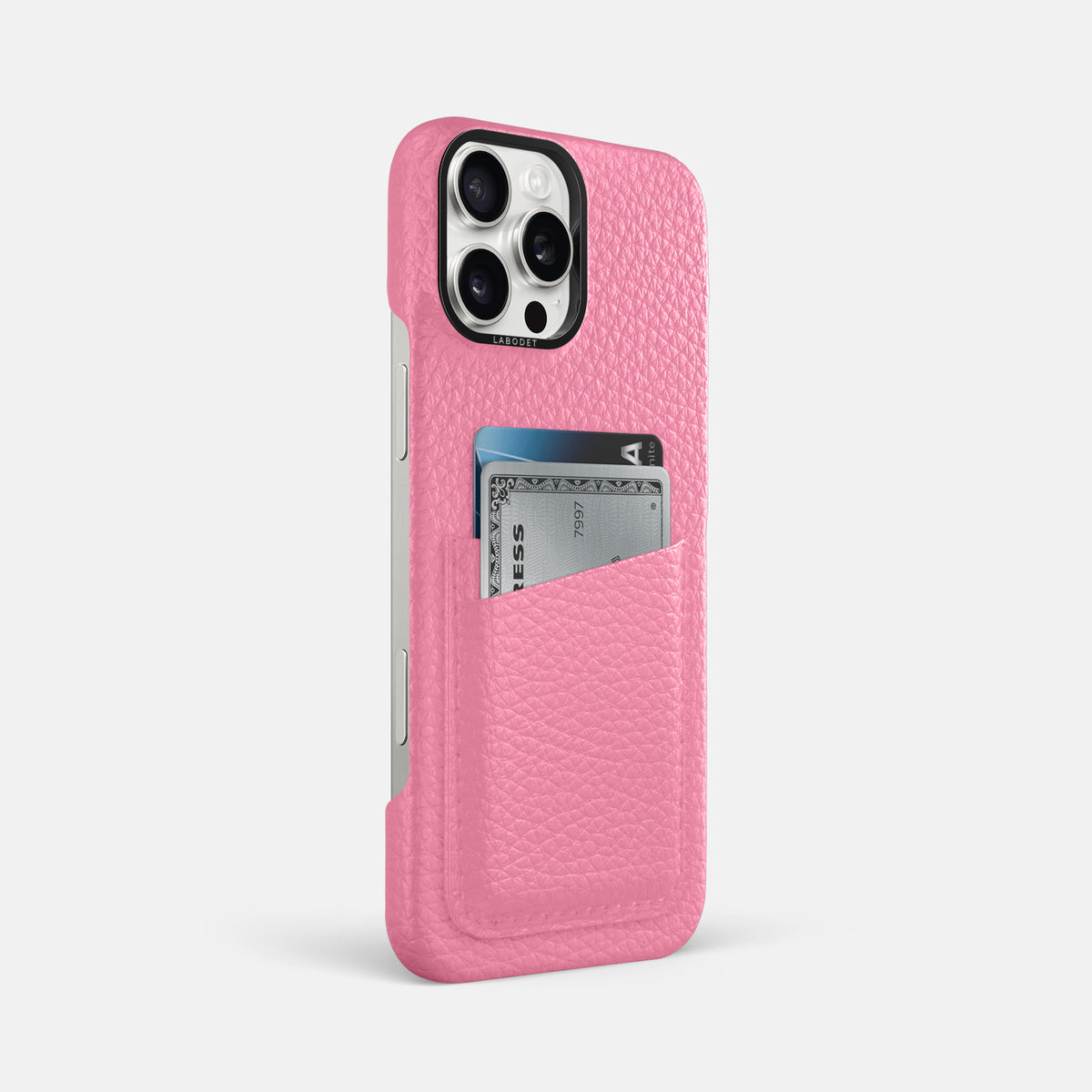 Pink iPhone 16 Pro Max Card Case Calf with Black Metal -2 | Pink-Black