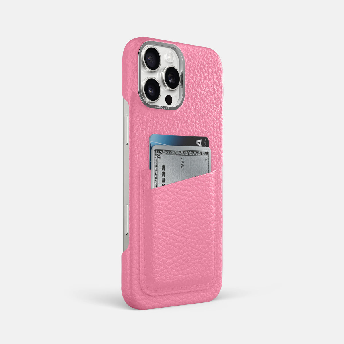 Pink iPhone 16 Pro Max Card Case Calf with Steel Metal -2 | Pink-Steel