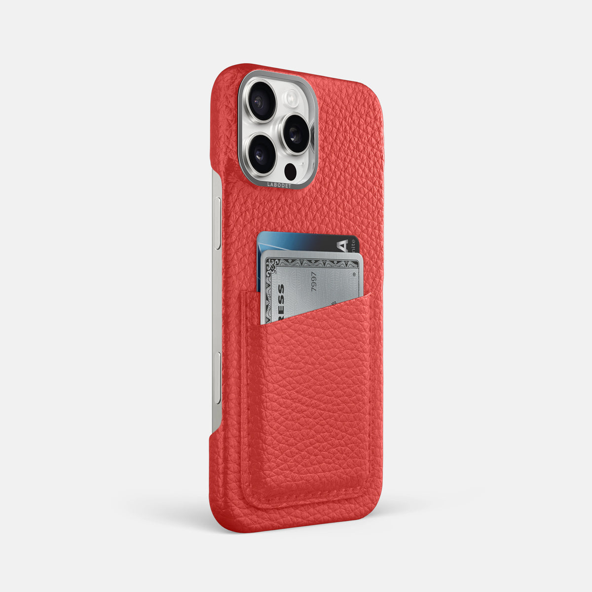Red iPhone 16 Pro Max Card Case Calf with Steel Metal -2 | Red-Steel