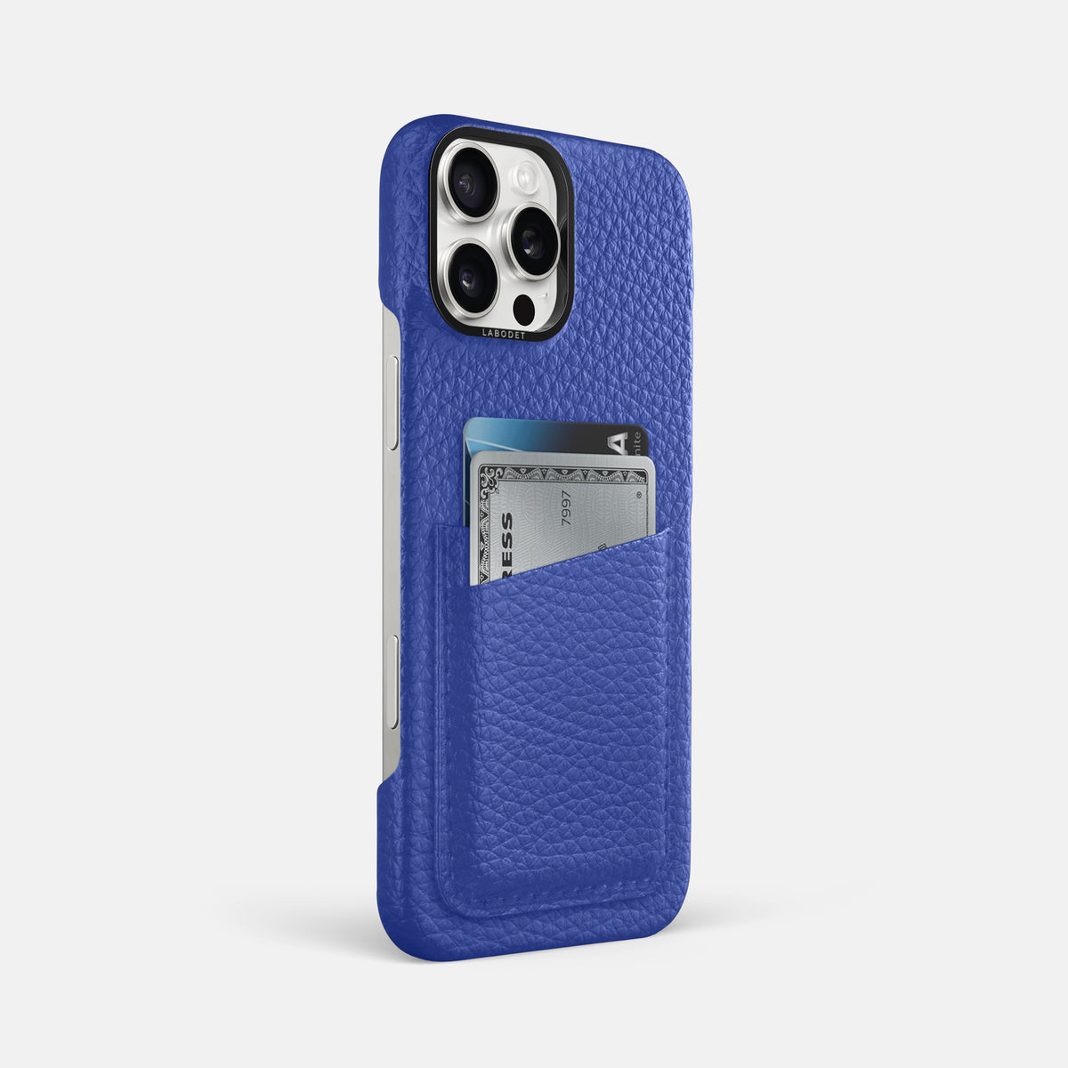 Royal Blue iPhone 16 Pro Max Card Case Calf with Black Metal -2 | Royal-Blue-Black