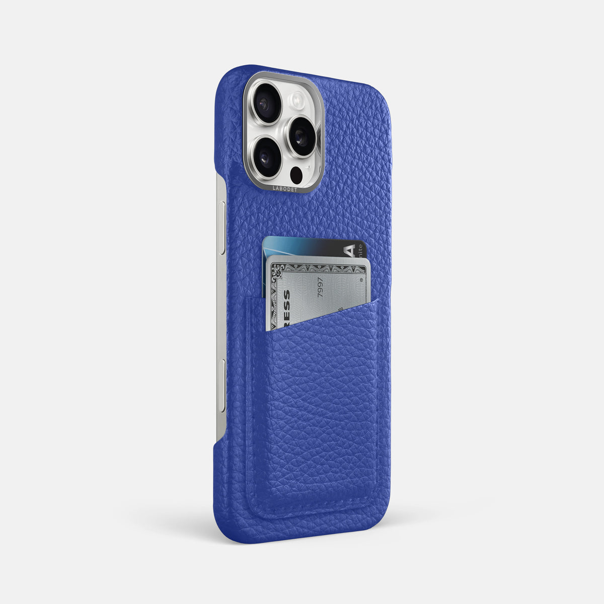 Royal Blue iPhone 16 Pro Max Card Case Calf with Steel Metal -2 | Royal-Blue-Steel