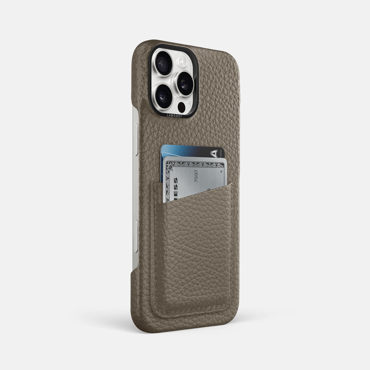 Taupe iPhone 16 Pro Max Card Case Calf with Black Metal -2 | Taupe-Black