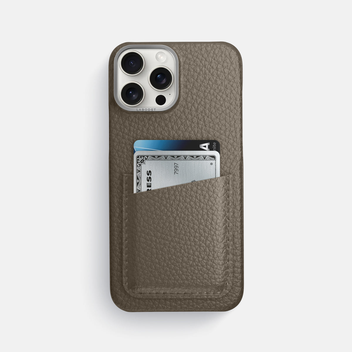 Taupe iPhone 16 Pro Max Card Case Calf with Steel Metal -1 | Taupe-Steel