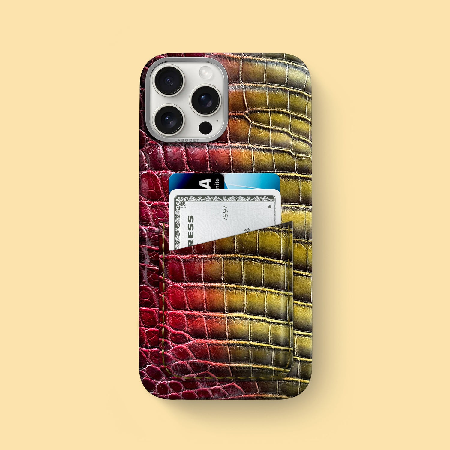 iPhone 16 Pro Max Double Card Case 1/1 Sunset Alligator with Steel Metal -1 | Sunset-Steel