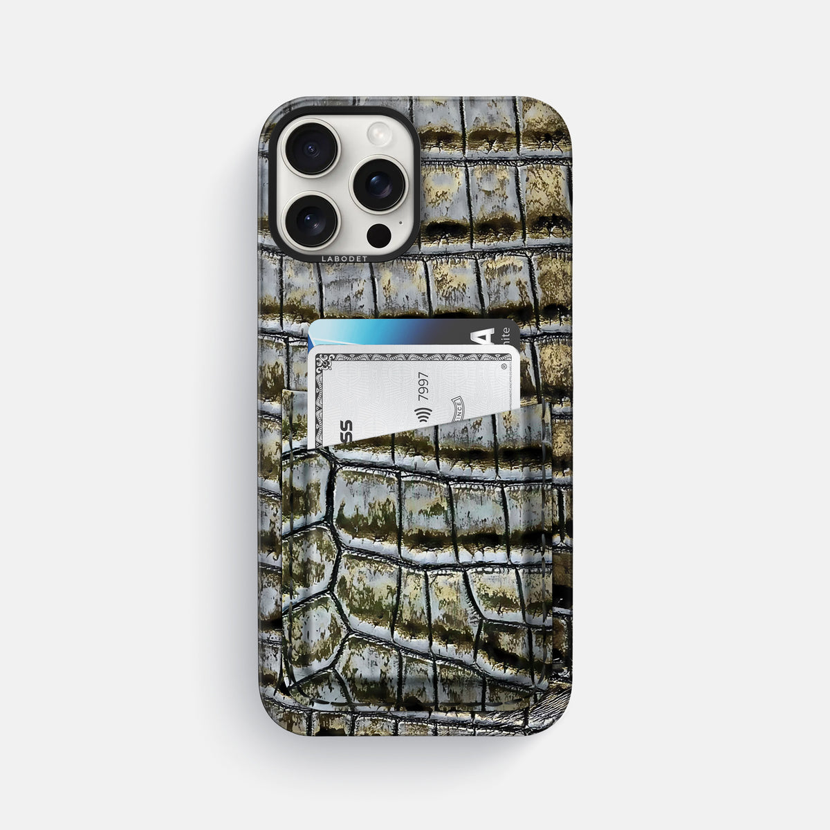 Antique-Bronze iPhone 16 Pro Max Card Case Himalayan Crocodile with Black Metal -1 | Antique-Bronze-Black