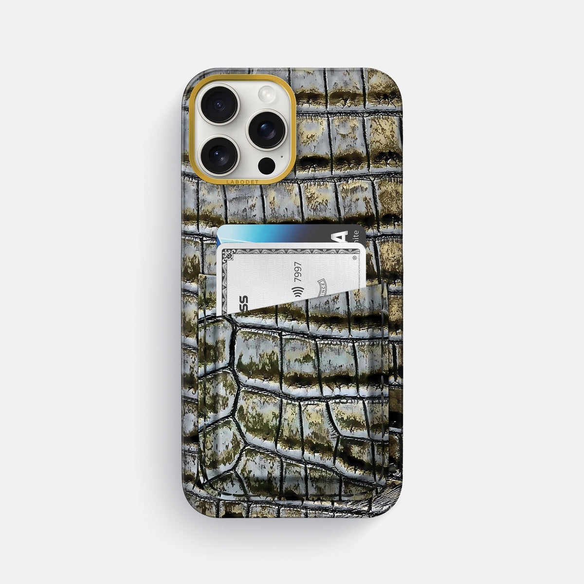 Antique-Bronze iPhone 16 Pro Max Card Case Himalayan Crocodile with Gold Metal -1 | Antique-Bronze-Gold