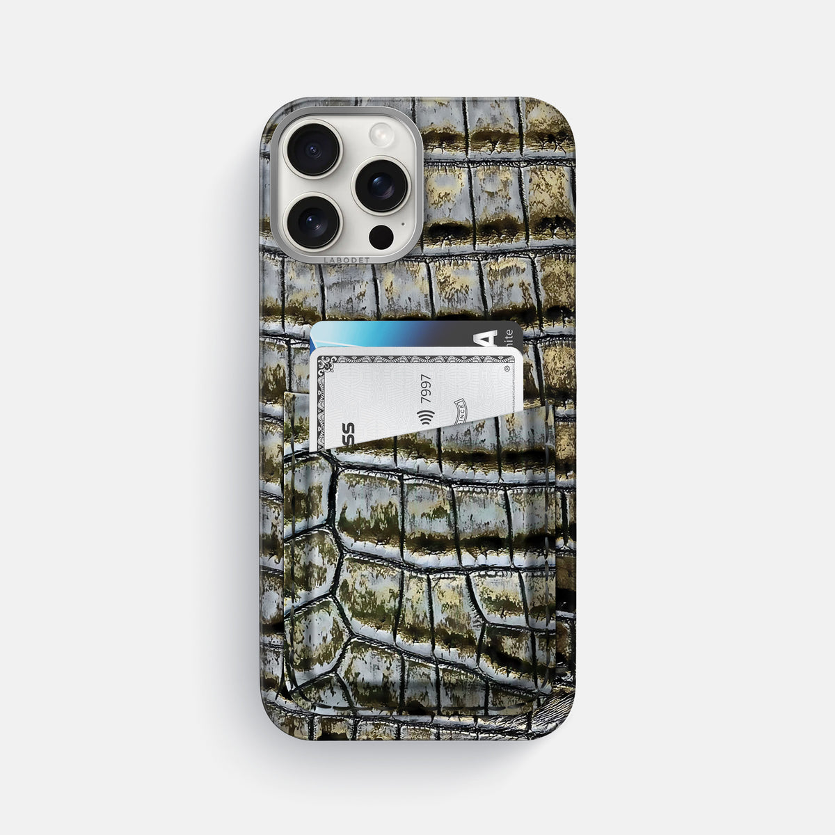 Antique-Bronze iPhone 16 Pro Max Card Case Himalayan Crocodile with Steel Metal -1 | Antique-Bronze-Steel