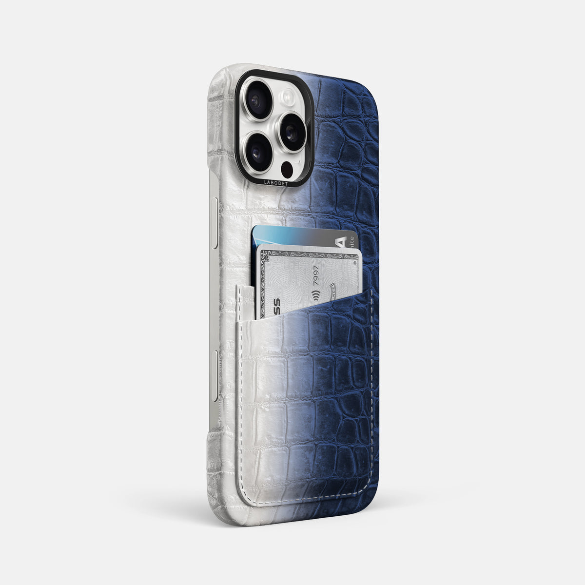 Navy Blue iPhone 16 Pro Max Card Case Himalayan Crocodile with Black Metal -2 | Navy-Blue-Black