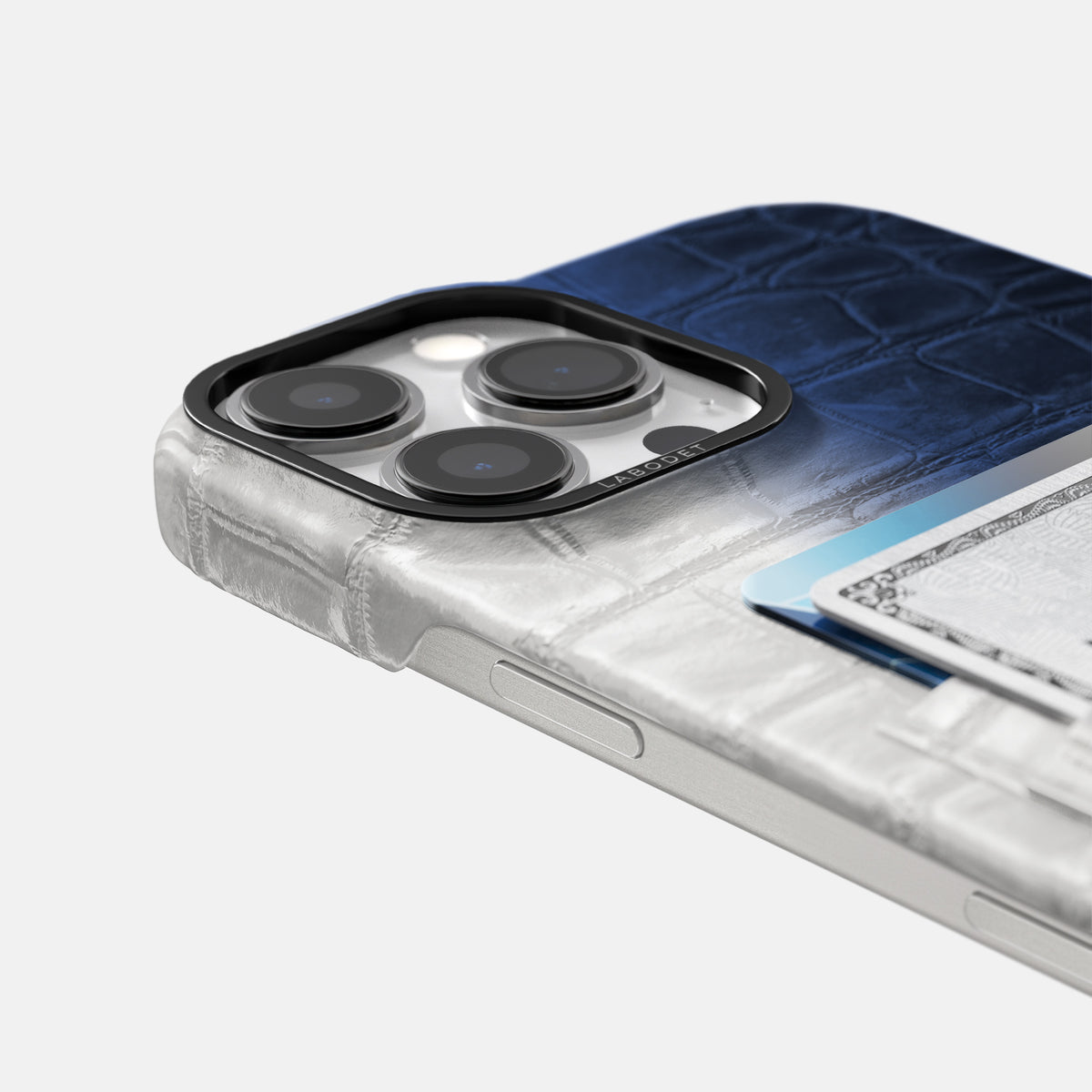 Navy Blue iPhone 16 Pro Max Card Case Himalayan Crocodile with Black Metal -5 | Navy-Blue-Black