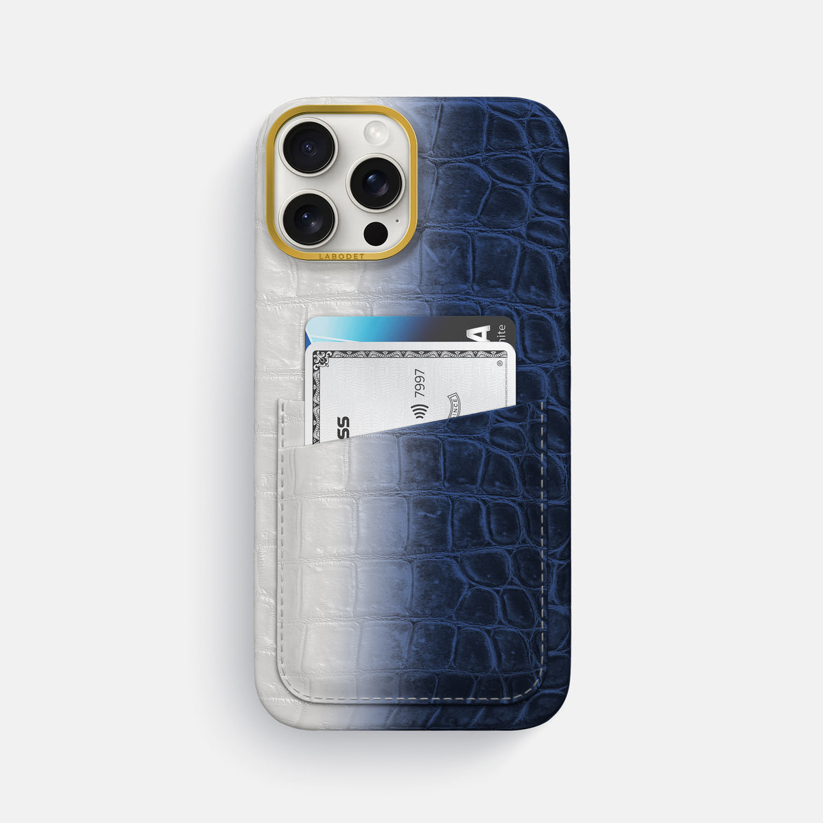 Navy Blue iPhone 16 Pro Max Card Case Himalayan Crocodile with Gold Metal -1 | Navy-Blue-Gold
