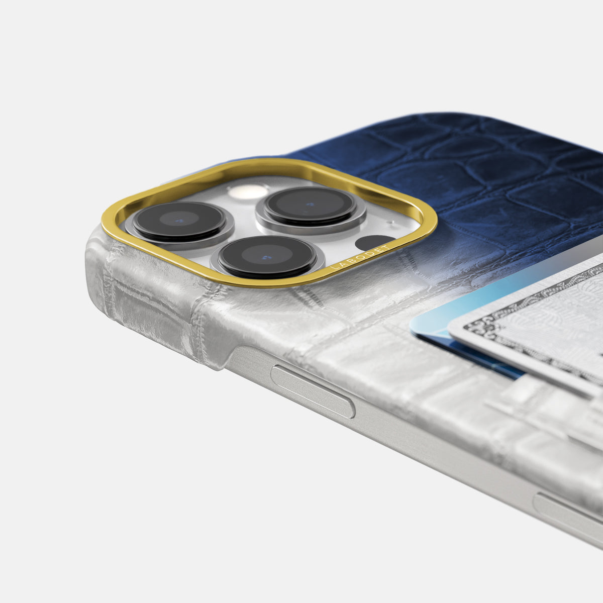 Navy Blue iPhone 16 Pro Max Card Case Himalayan Crocodile with Gold Metal -5 | Navy-Blue-Gold