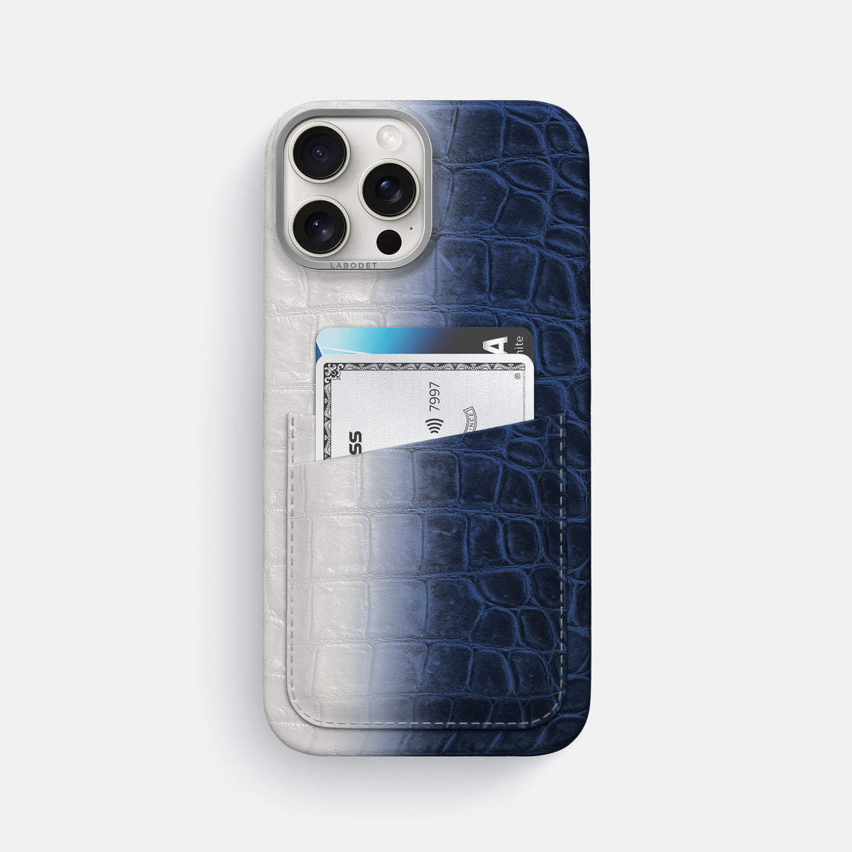 Navy Blue iPhone 16 Pro Max Card Case Himalayan Crocodile with Steel Metal -1 | Navy-Blue-Steel