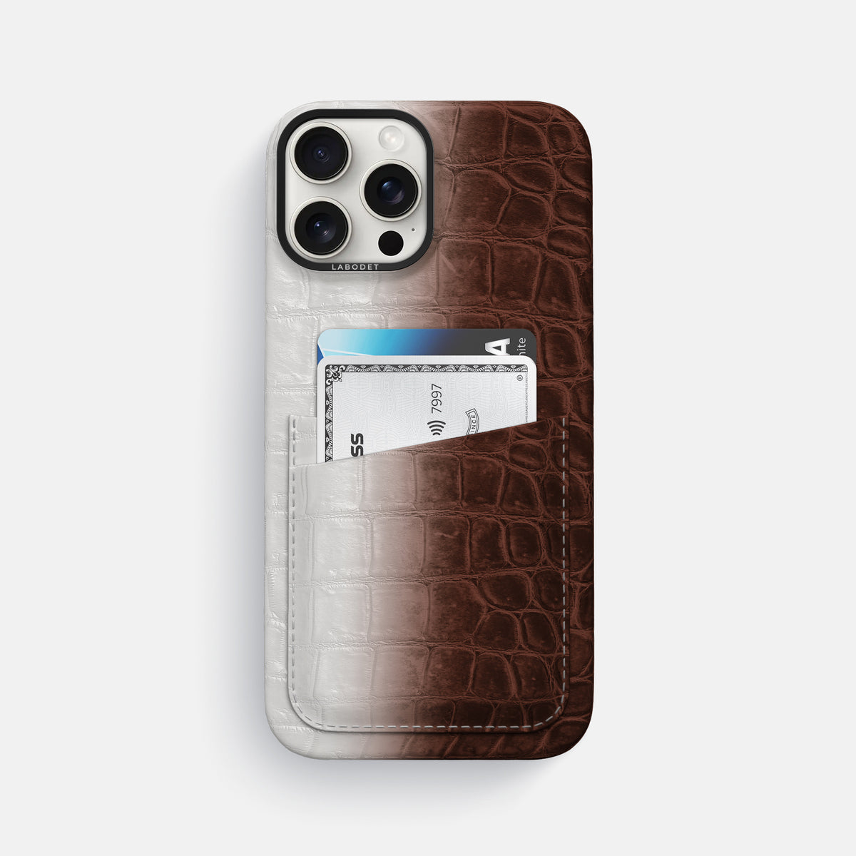 Dark Brown iPhone 16 Pro Max Card Case Himalayan Crocodile with Black Metal -1 | Dark-Brown-Black