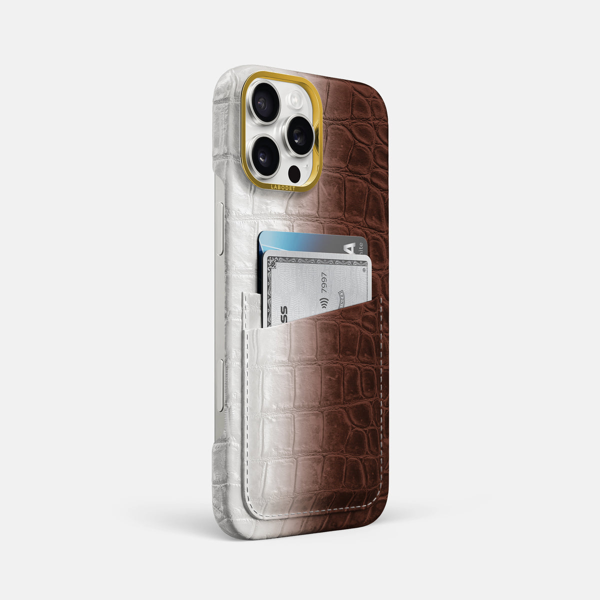 Dark Brown iPhone 16 Pro Max Card Case Himalayan Crocodile with Gold Metal -2 | Dark-Brown-Gold