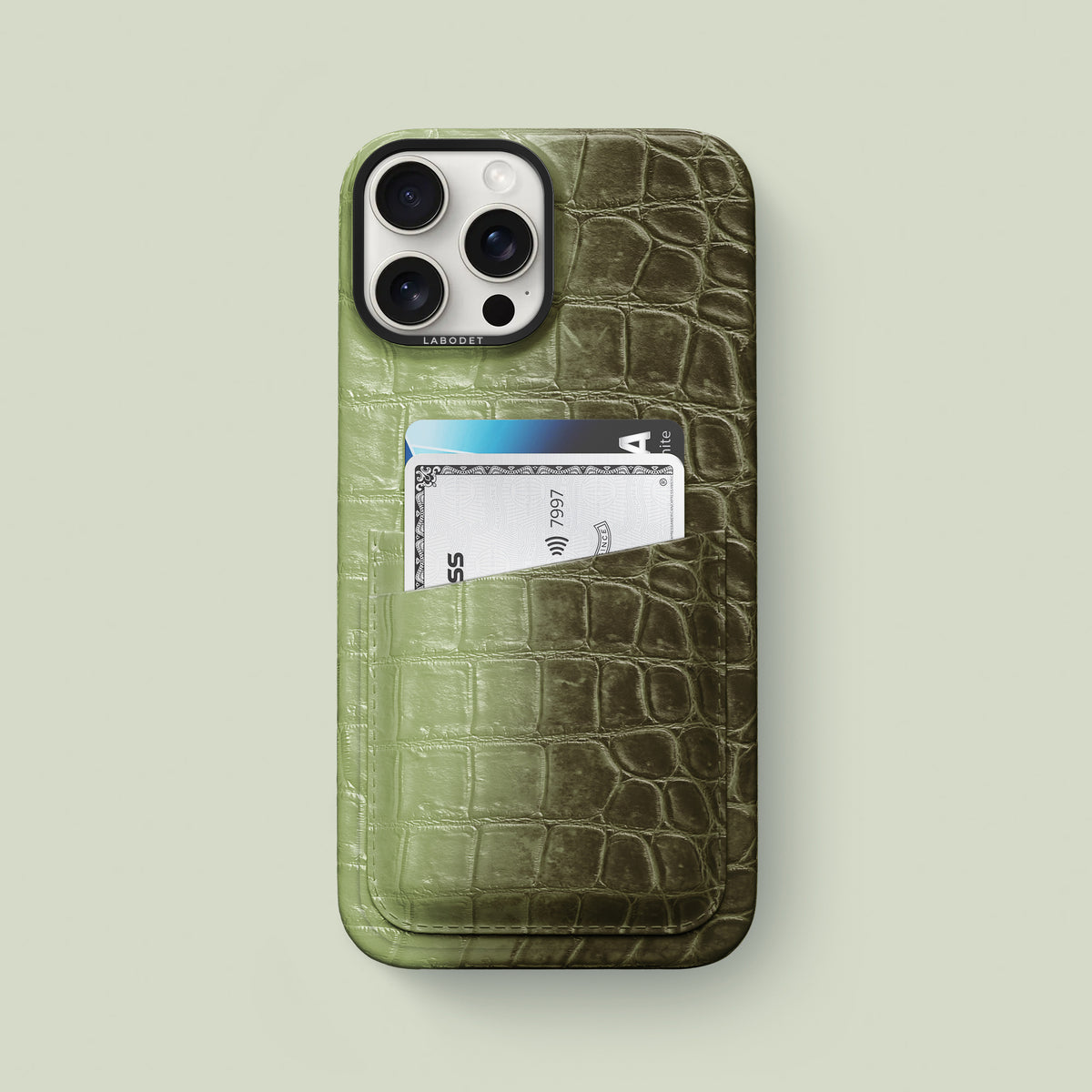 Celadon Green iPhone 16 Pro Max Double Card Case Himalayan Crocodile with Black Metal -1 | Celadon-Green-Black