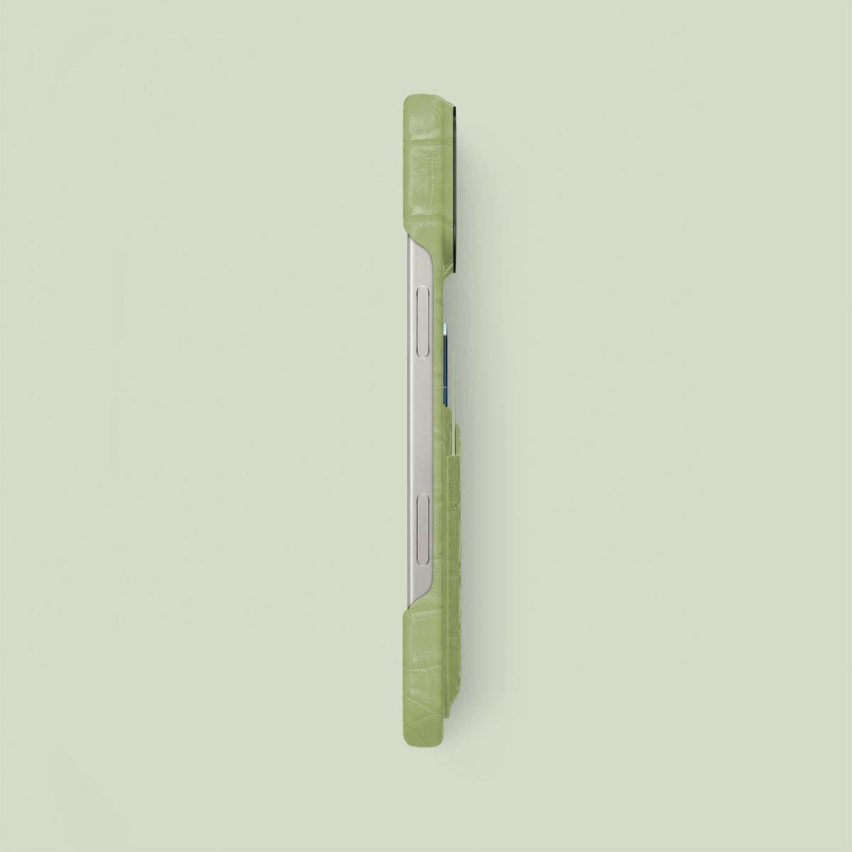 Celadon Green iPhone 16 Pro Max Double Card Case Himalayan Crocodile with Black Metal -2 | Celadon-Green-Black