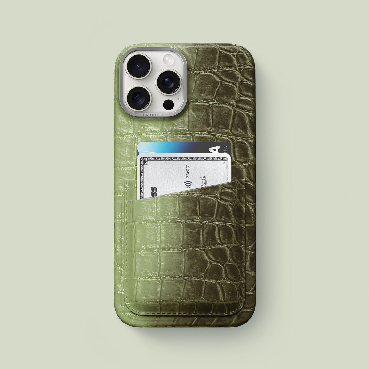 Celadon Green iPhone 16 Pro Max Double Card Case Himalayan Crocodile with Steel Metal -1 | Celadon-Green-Steel