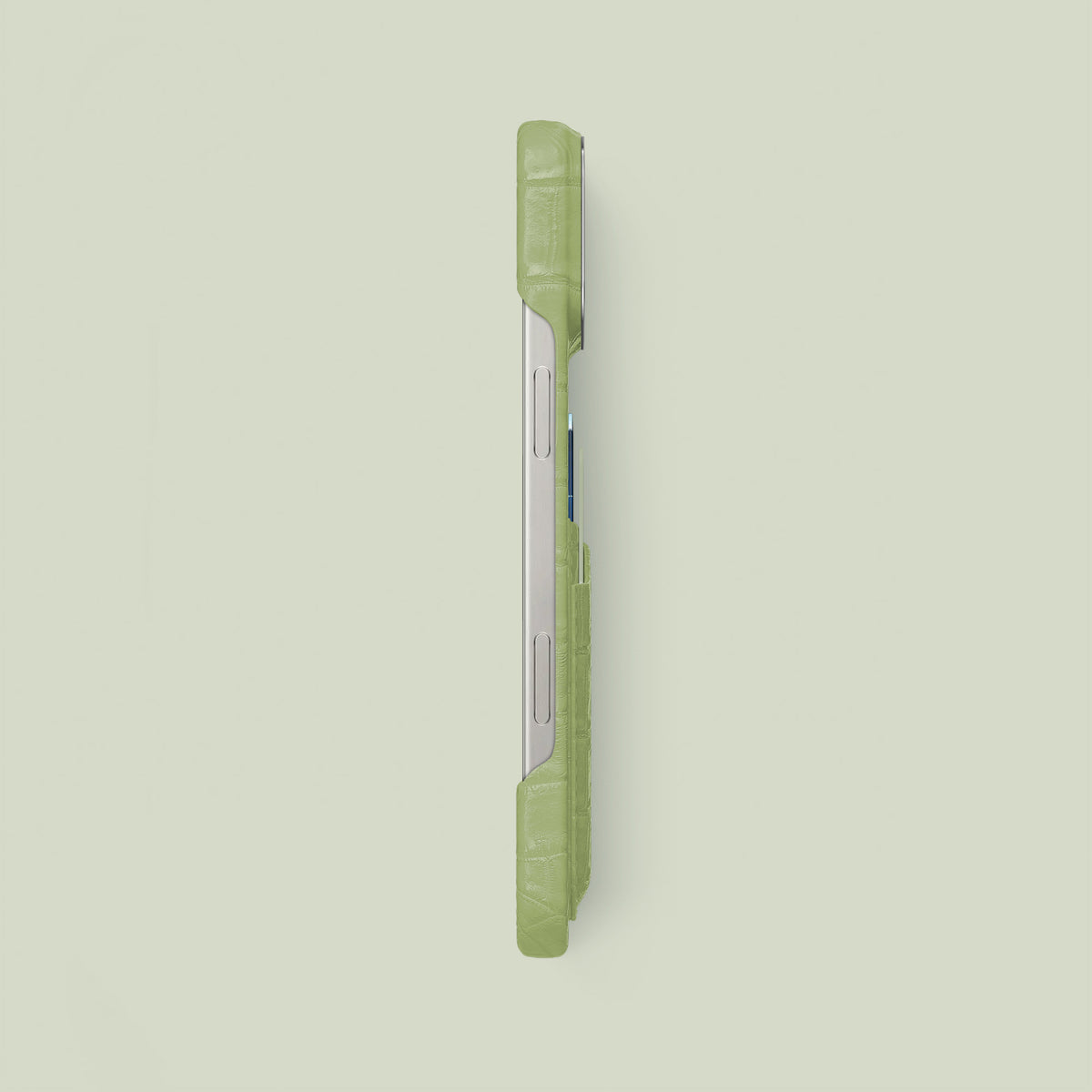 Celadon Green iPhone 16 Pro Max Double Card Case Himalayan Crocodile with Steel Metal -2 | Celadon-Green-Steel