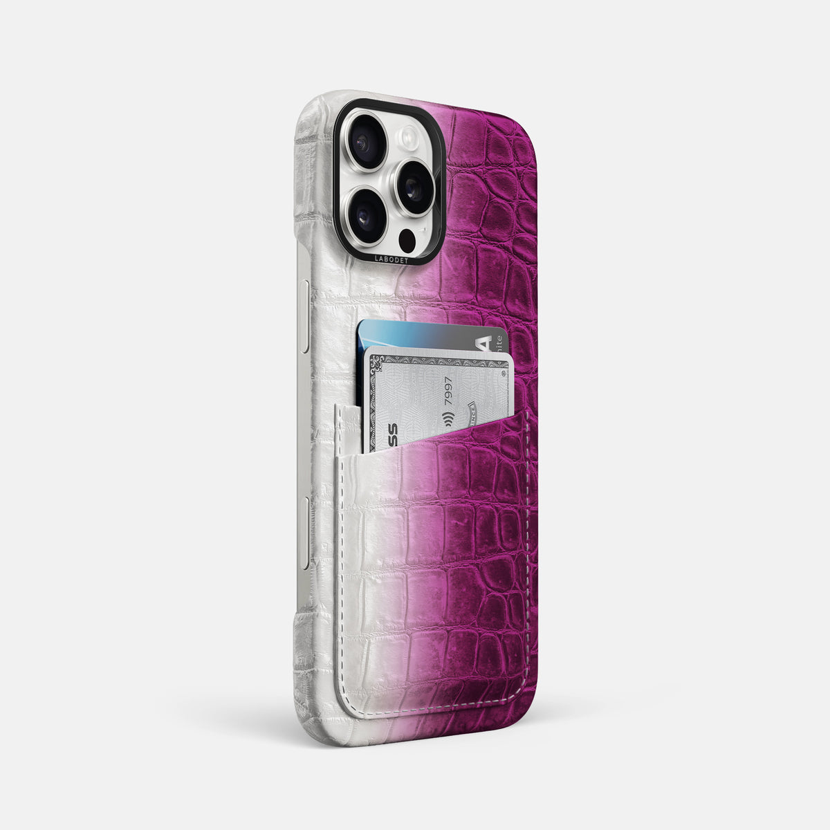 Fuchsia iPhone 16 Pro Max Card Case Himalayan Crocodile with Black Metal -2 | Fuchsia-Black