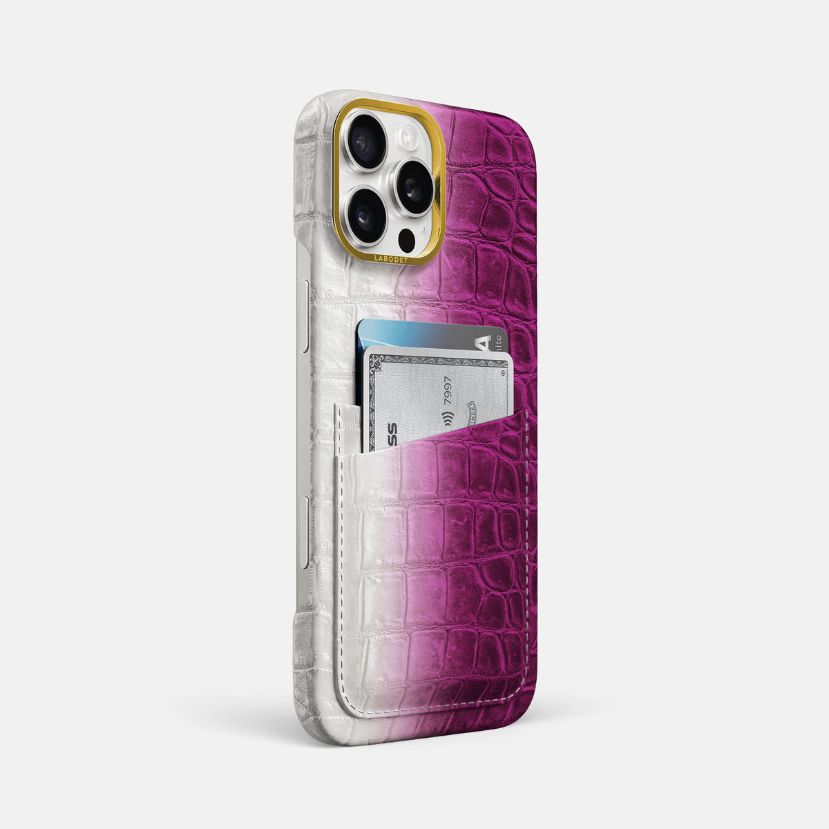 Fuchsia iPhone 16 Pro Max Card Case Himalayan Crocodile with Gold Metal -2 | Fuchsia-Gold