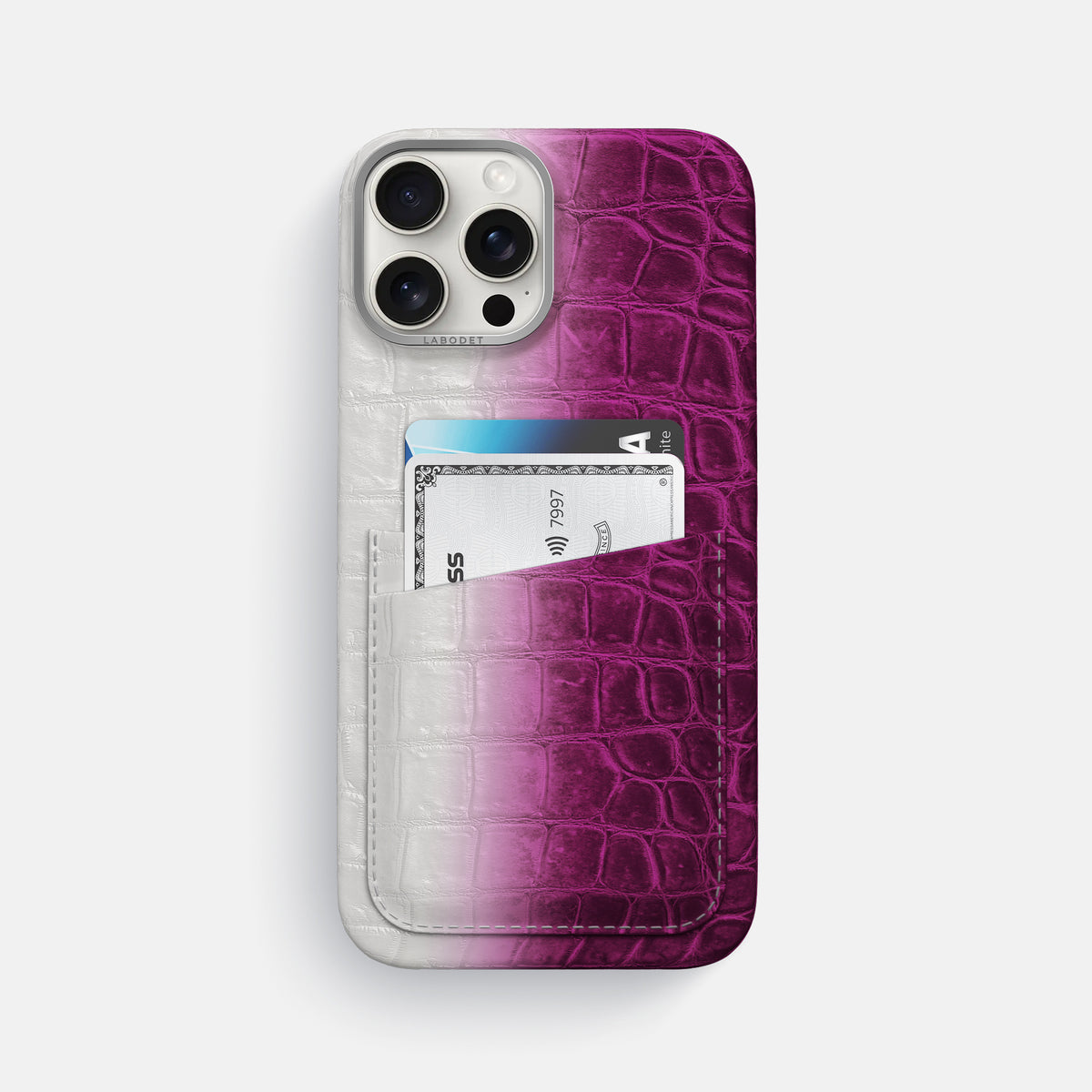 Fuchsia iPhone 16 Pro Max Card Case Himalayan Crocodile with Steel Metal -1 | Fuchsia-Steel