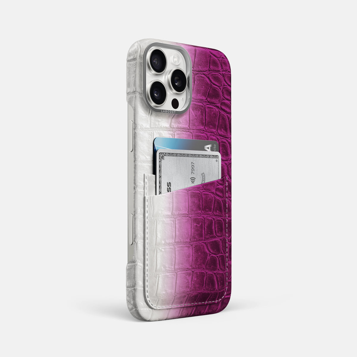 Fuchsia iPhone 16 Pro Max Card Case Himalayan Crocodile with Steel Metal -2 | Fuchsia-Steel