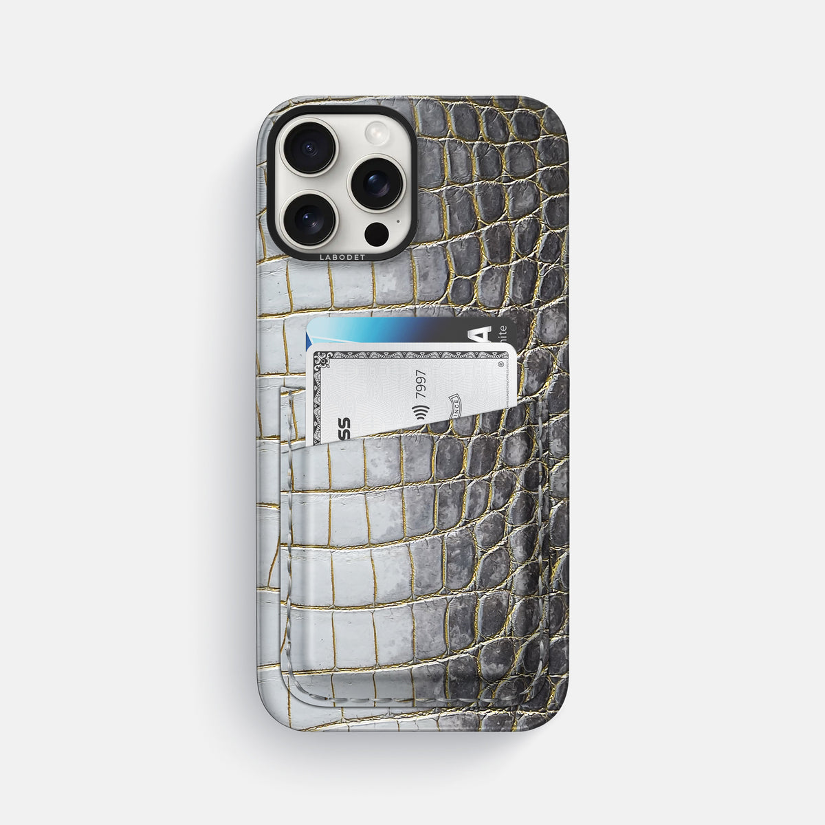 Gold iPhone 16 Pro Max Card Case Himalayan Crocodile with Black Metal -1 | Gold-Black