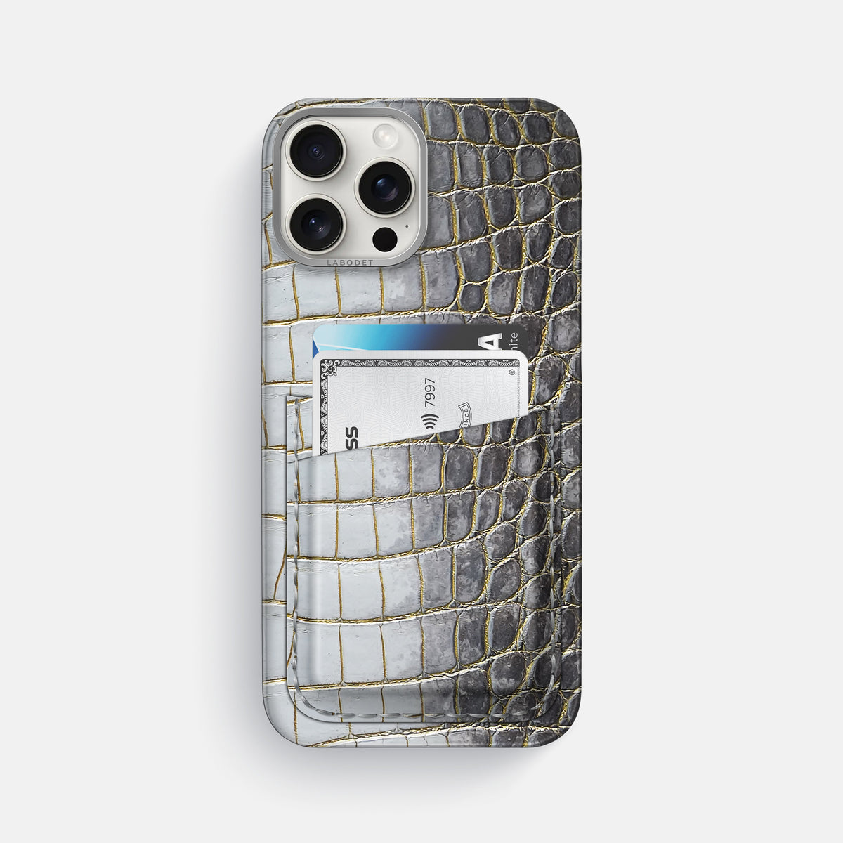 Gold iPhone 16 Pro Max Card Case Himalayan Crocodile with Steel Metal -1 | Gold-Steel