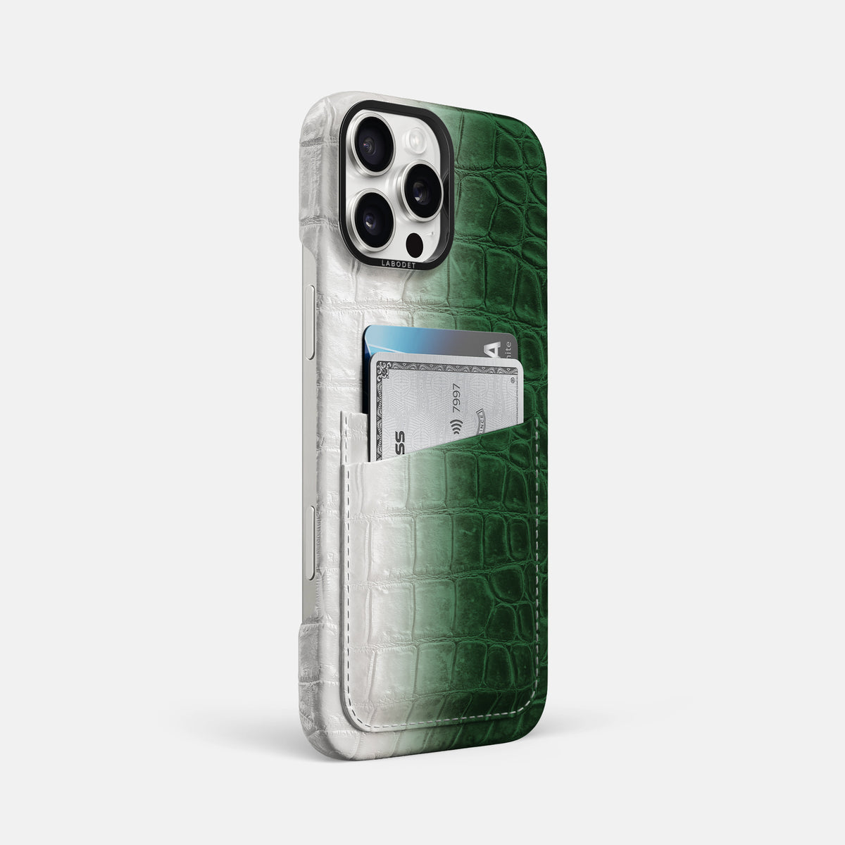 Green iPhone 16 Pro Max Card Case Himalayan Crocodile with Black Metal -2 | Green-Black
