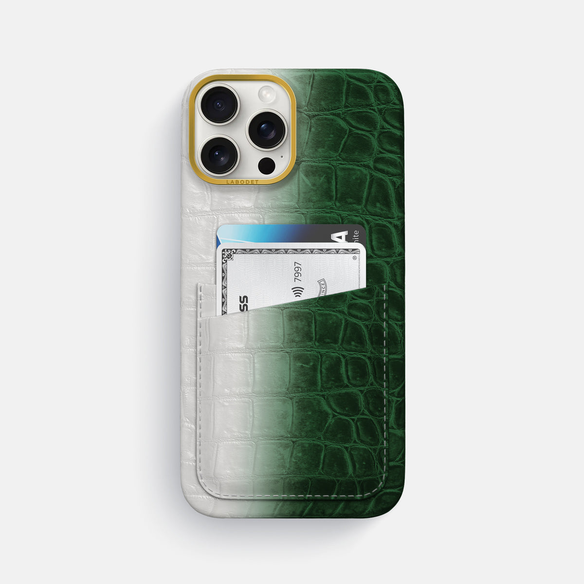 Green iPhone 16 Pro Max Card Case Himalayan Crocodile with Gold Metal -1 | Green-Gold