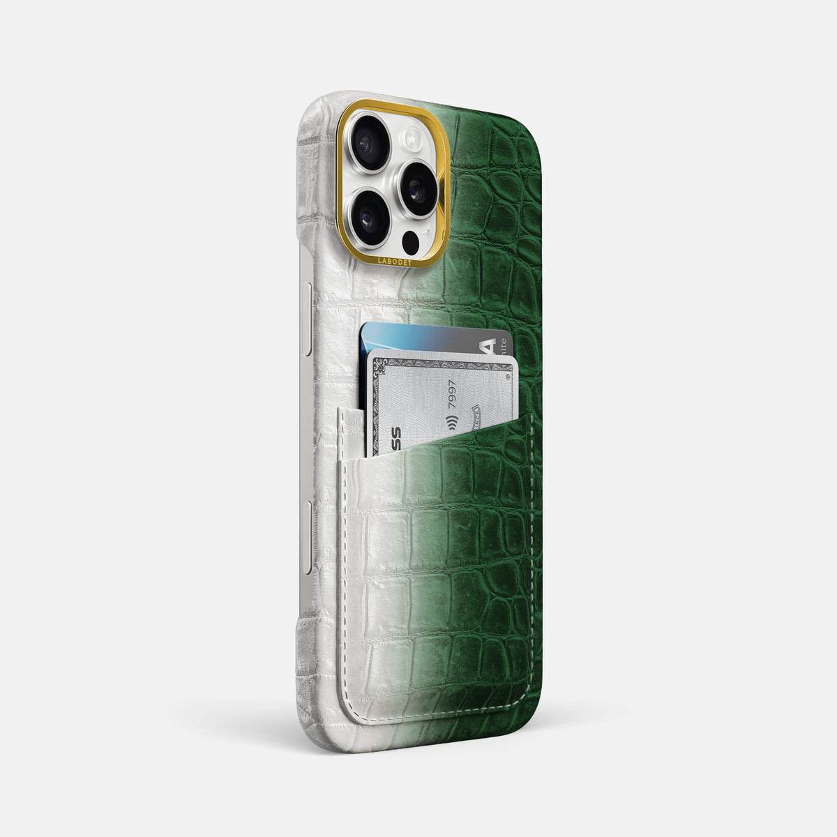 Green iPhone 16 Pro Max Card Case Himalayan Crocodile with Gold Metal -2 | Green-Gold